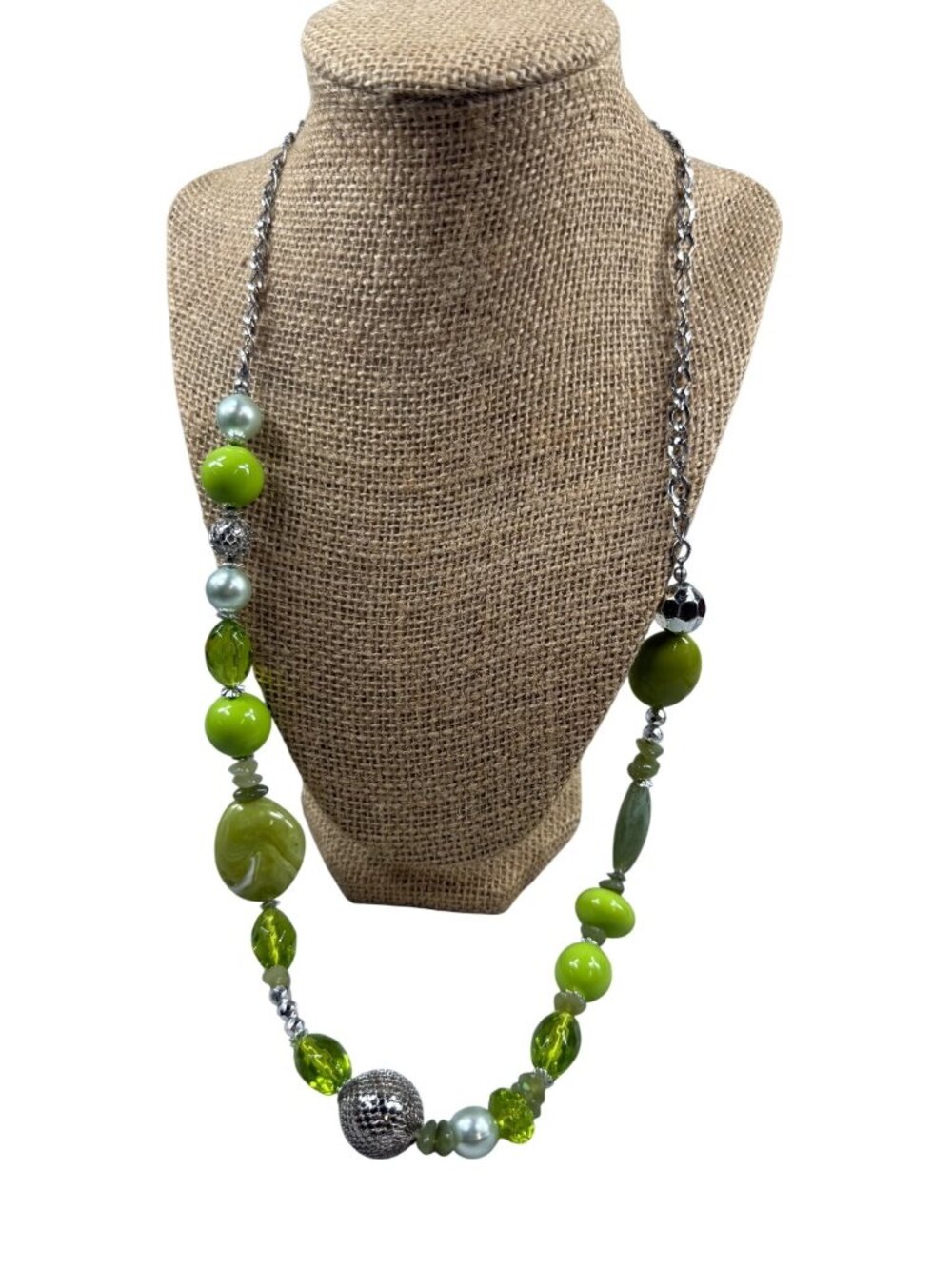 Beaded Green Shades & Silver Tone Necklace Mixed Glass, Resin & Metal Accents